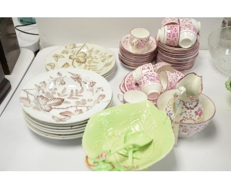 A selection of 19th Century bowls and plates by A.Woods, Newcastle, transfer decorated with blackberries and birds; a pink lu