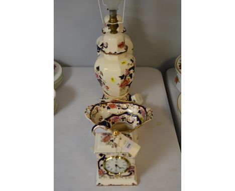 A pair of Masons 'Blue Mandalay' pattern table lamps, with cream silk shades; an oval dish; medium sized jugs; and a mantel c
