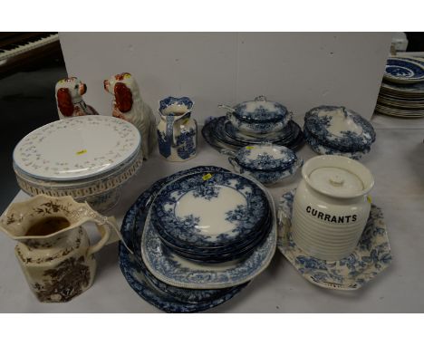 A stoneware storage container for 'Currants'; a Belmont pattern part dinner service; two Masons jugs; a pair of Staffordshire