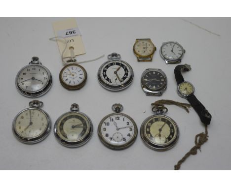 A military steel-cased pocket watch, unnamed; a collection of other pocket watches by Ingersoll, Triumph and others; a gilt c