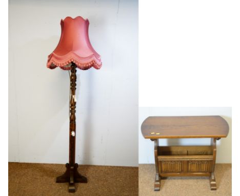 Old Charm by Wood Bros: an oak occasional table, with magazine rack below and an oak standard lamp, fitted red silk shade. (2