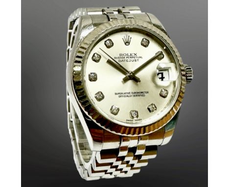 Rolex Datejust mid-size stainless steel diamond-set automatic calendar wristwatch, Ref. 178274, circa 2007, silvered dial wit
