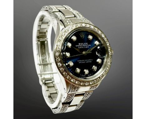 Rolex Lady's Datejust stainless steel diamond-set automatic calendar wristwatch, blue dial with diamond numerals, centre seco