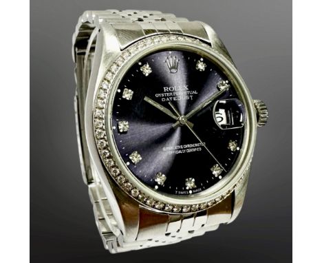 Rolex Gent's Datejust stainless steel automatic calendar wristwatch, ref. 16030, purple dial with diamond numerals, centre se