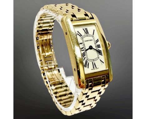 Cartier Lady's Tank Americaine 18ct gold quartz wristwatch, white dial with Roman numerals, inner minute track and secret sig