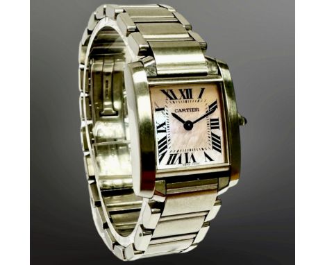 Cartier Tank Francaise stainless steel quartz wristwatch, pink mother of pearl dial with Roman numerals, secret signature at 