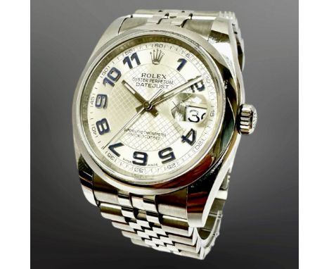 Rolex Gent's Datejust stainless steel automatic calendar wristwatch, Ref. 116200, silvered and textured dial with Arabic nume