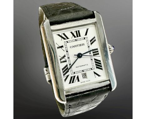 Cartier Tank Solo XL automatic stainless steel calendar wristwatch, silvered dial with Roman numerals, centre seconds, secret