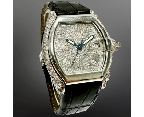 Cartier Roadster stainless steel diamond-set automatic calendar wristwatch, pave-set tonneau-shaped case and similar dial, di