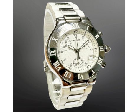 Cartier 21 Chronoscaph stainless steel quartz chronograph wristwatch, white dial with outer minute track, centre seconds and 