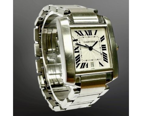 Cartier Tank Francaise stainless steel automatic wristwatch, textured and silvered dial with secret signature at 7 o' clock, 