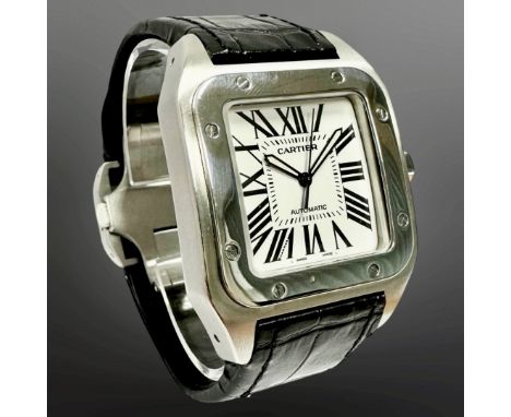 Cartier Santos 100 stainless steel automatic wristwatch, white dial with Roman numerals, centre seconds and secret signature 