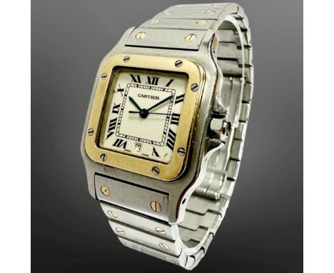 Cartier Santos Galbee 18ct gold and stainless steel quartz calendar wristwatch, cream dial with Roman numerals, centre second