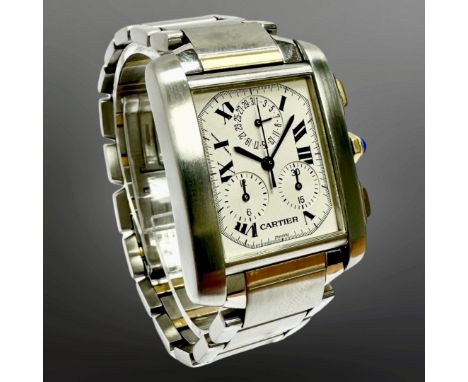 Cartier Tank Francaise 18ct gold and stainless steel quartz chronograph calendar wristwatch, silvered dial with Roman numeral