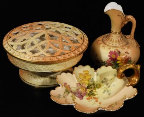An early 20thC Royal Worcester rose bowl and cover, 1908, the pierced lid with a gilt border, raised on a bellied body moulde