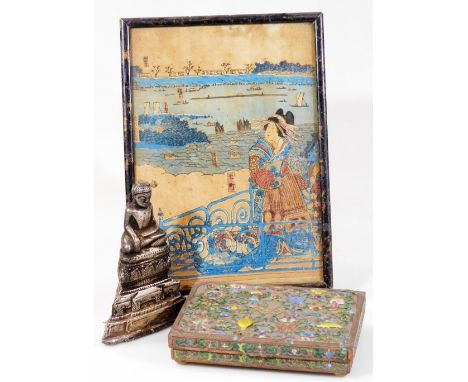 A mid 20thC metal card case, of rectangular form raised with various vases, urns and motifs, predominantly in blue, yellow an