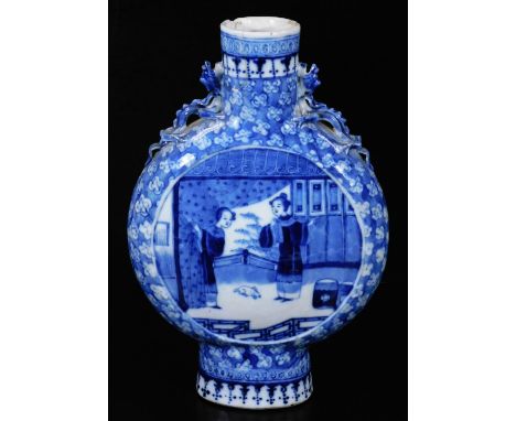 A 19thC Qing period Chinese porcelain moon flask, the circular body decorated with two panels with interior scenes, the first