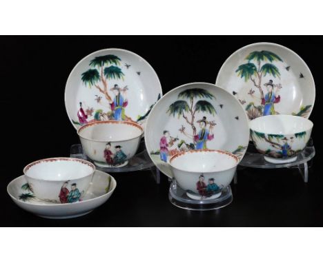 Four 18thC Chinese porcelain tea bowls and saucers, decorated with tall oriental figures within a landscape.  (8)