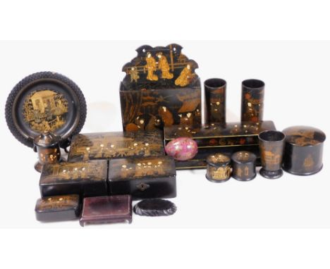 Various late 19thC and early 20thC Japanese black lacquer ware, to include a pair of Japanese vases, profusely decorated with