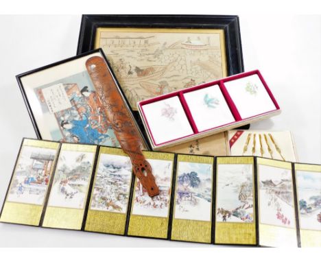Japanese School.  Figures of geisha, wood block print, signed, 26cm x 19cm, print on paper of figures in boats, cased cloison