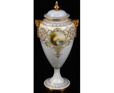 An early 20thC Royal Worcester vase and cover, 1920, of shouldered form, with moulded gilt handles, decorated with a repeat g