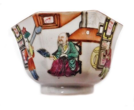 A Chinese porcelain octagonal bowl, decorated with trellis panels, figures holding tea, brush and an imperial yellow vase, in