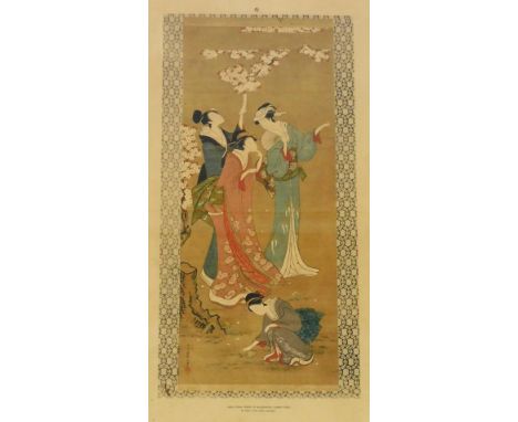 Chobunsai Eishi Yeshi.  Geisha tying poems to blossom in cherry trees, mixed media, material, silk print, titled to the mount