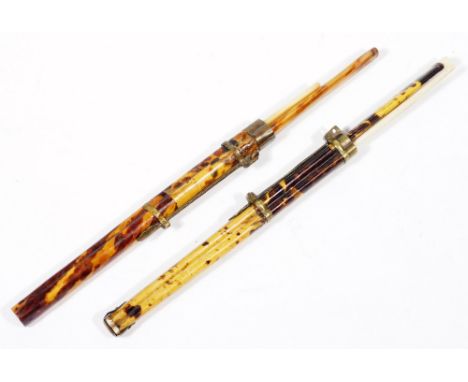 A pair of early 20thC chopstick sets, each in tortoiseshell decorated bamboo style sheaths, 29cm W.  (2)