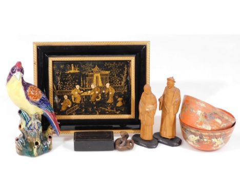 A 19thC 20thC Japanese lacquered panel, set with many figures before buildings, with gilt highlights, 12cm x 16cm, an entwine
