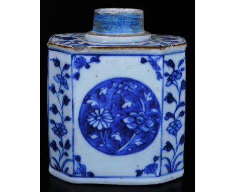 An 18thC Chinese export porcelain tea caddy, of hexagonal form decorated with panels of flowers and set with further entwined