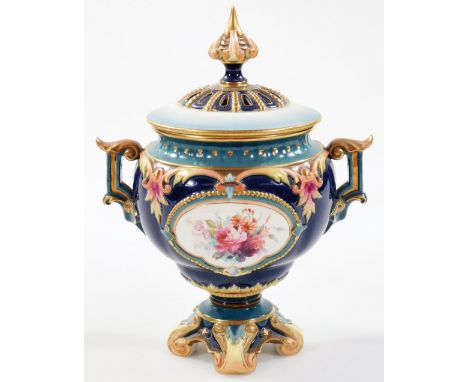 An early 20thC Hadleys Worcester porcelain potpourri vase and cover, the squat circular body handpainted with panels of flowe