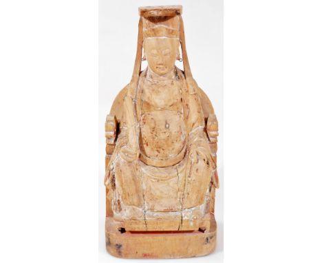 A Chinese carved wooden statue, of a figure sat on a throne, undecorated, 30cm H.