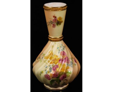 A late 19thC Royal Worcester blush ivory vase, 1898, with slender tapering stem and ribbed body handpainted with posies, with