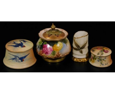 An early 20thC Royal Worcester potpourri vase and cover, 1911, with pierced lid, bellied circular body, handpainted with rose