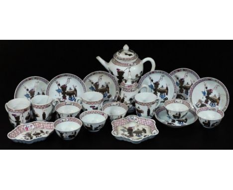 A Chinese Qing period porcelain part tea service, comprising of a bullet shaped teapot and cover, cream jug and cover, teapot