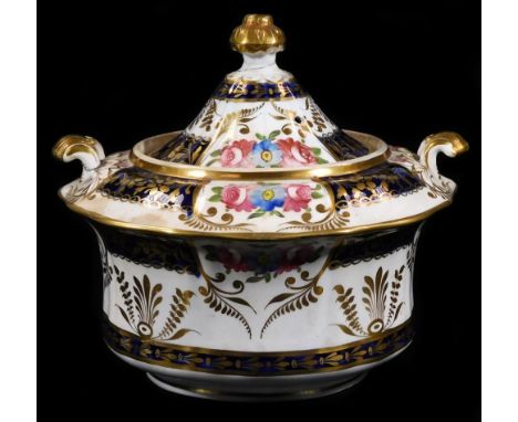 A 19thC English porcelain sucrier and cover, probably Ridgway pattern no. 114, 15cm H.