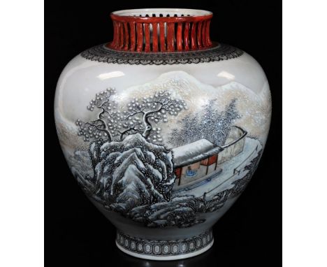 A Chinese porcelain transitional vase, by He Xuan of shouldered circular form, decorated with a winter scene with an upper pi