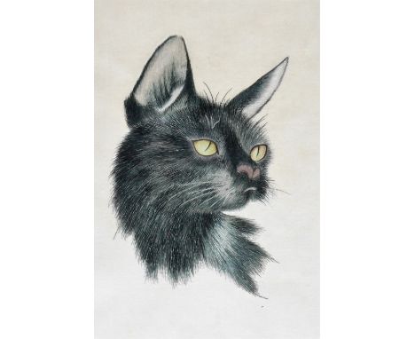 20thC Oriental School.  Cat portrait, mixed media, on silk and material ground with outer floral border, 36cm x 26cm.