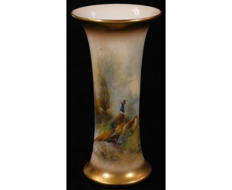 A 20thC Royal Worcester porcelain vase, by James Stinton, of trumpet shaped form, handpainted with pheasants in a naturalisti