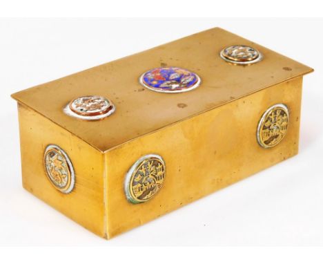 A Chinese brass stamp case, of rectangular form set with Chinese orbs with enamel butterfly centre and three sectional interi