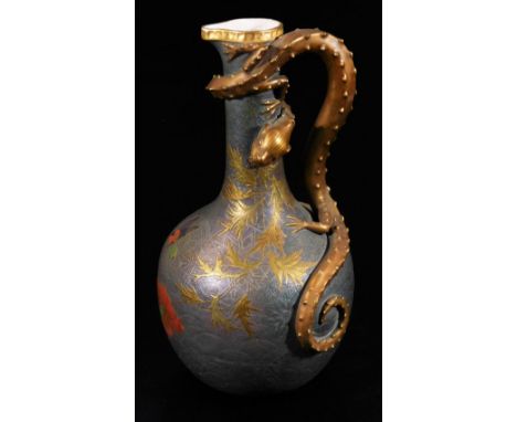 A 19thC Worcester patent porcelain ewer, with entwined handle, cylindrical stem and globular body, decorated with firs and ge