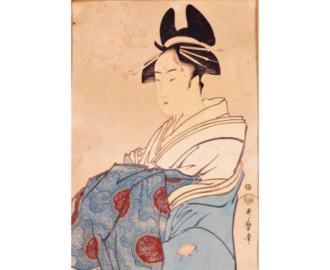 19thC Japanese School. Figure of a geisha, wood cut block print, signed, 36cm x 25cm.