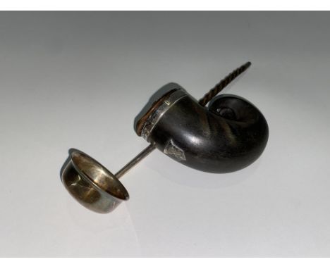 A silver coloured toddy ladle, with turned wooden handle and a Scottish snuff mull with white metal mounts