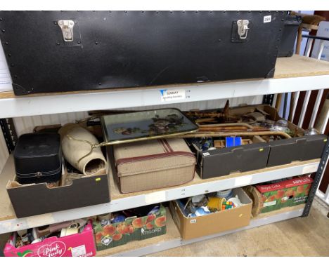 Three boxes of assorted including walking sticks, a mirrored fire screen etc