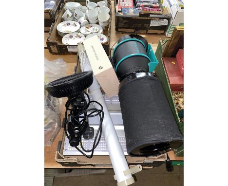 An LED grow light, a Goodmans hair dryer and straighteners, clip fan and an inline Duct fan