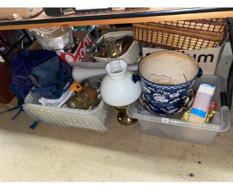 Five boxes of assorted glassware, studio pottery, brass fire irons and metalware including mincer, plus oil lamp