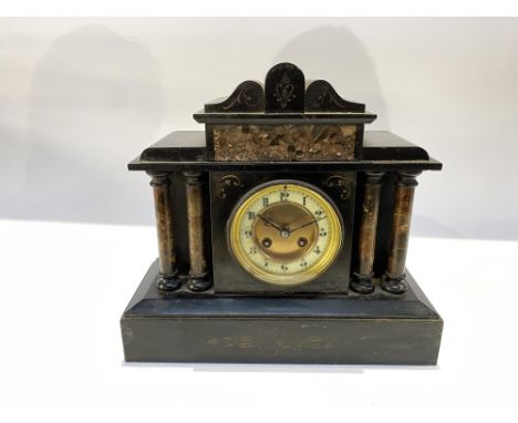A Victorian slate and marble mantel clock of architectural form, with two train movement, 31cm H