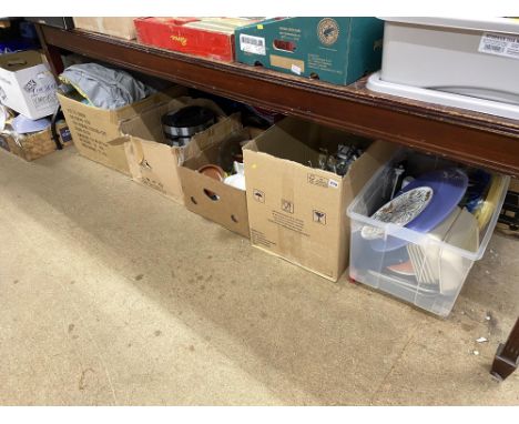 Five boxes of ceramics and kitchenware, including casserole dishes, fish dishes, twig candelabra and a Pressure King Pro pres