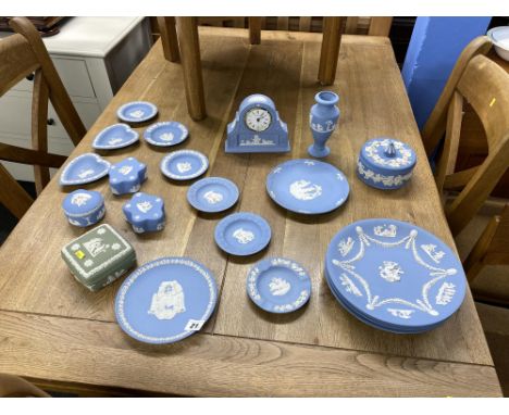 A selection of blue and green Wedgwood Jasperware, including trinket dishes and cabinet plates