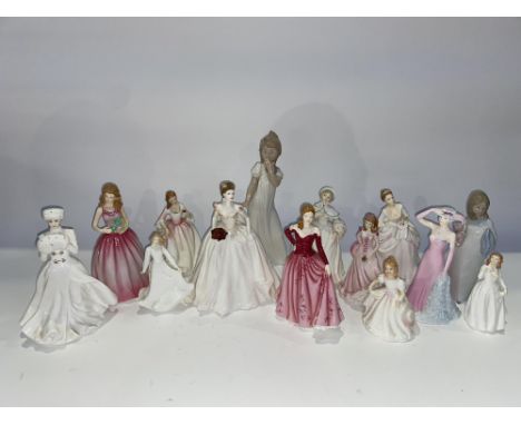 Fourteen porcelain figural ornaments of various designs by Royal Doulton, Coalport and Nao, the largest is 38cm H